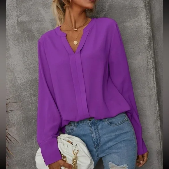 New notched v neck purple long sleeve blouse - Picture 5 of 6